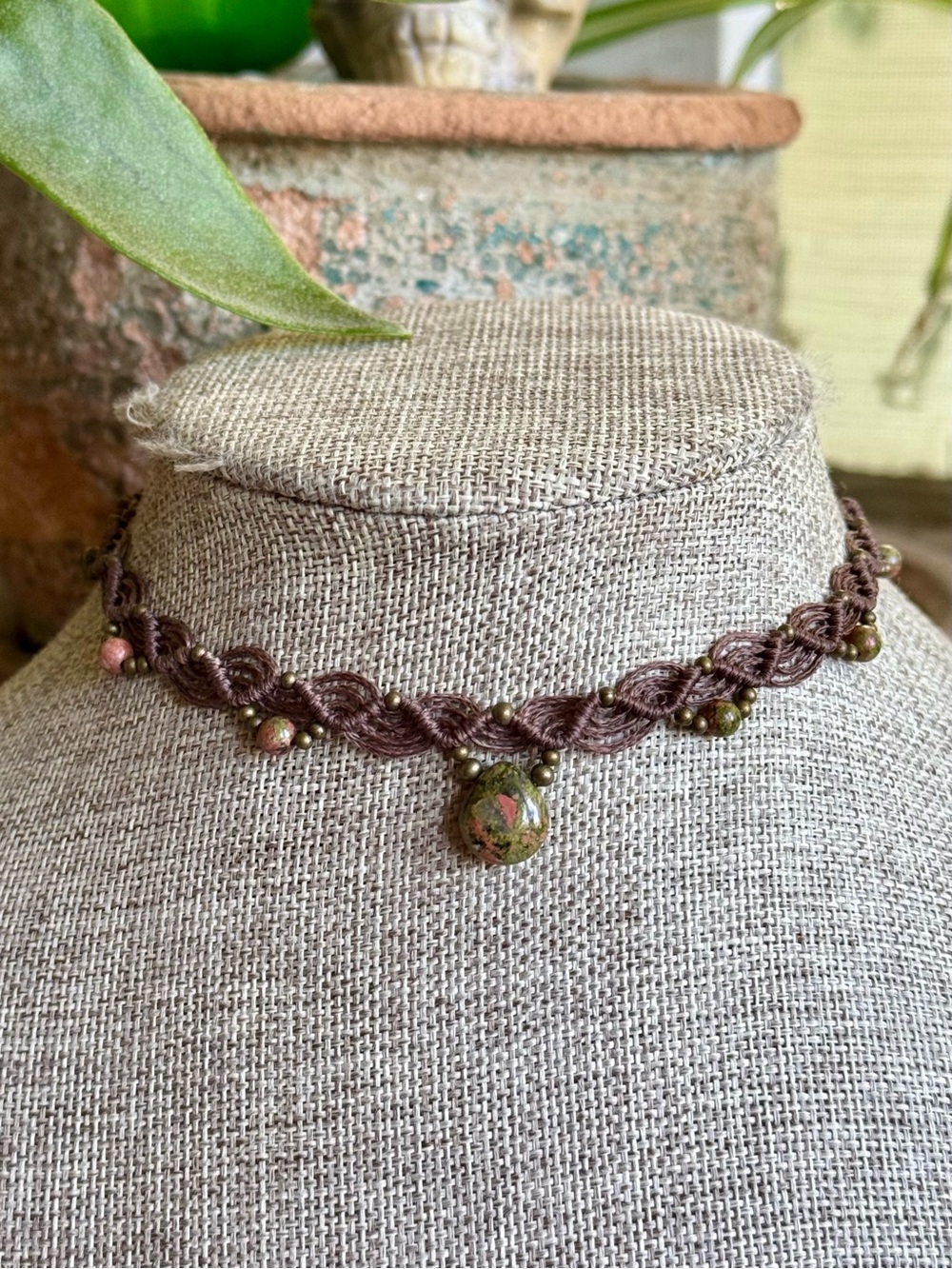Handmade boho Micro macrame unakite choker